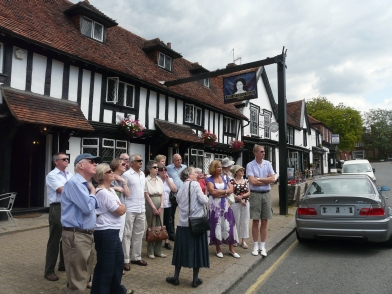 Pat Clarke and her followers outside the Queens Head - no bears here today.